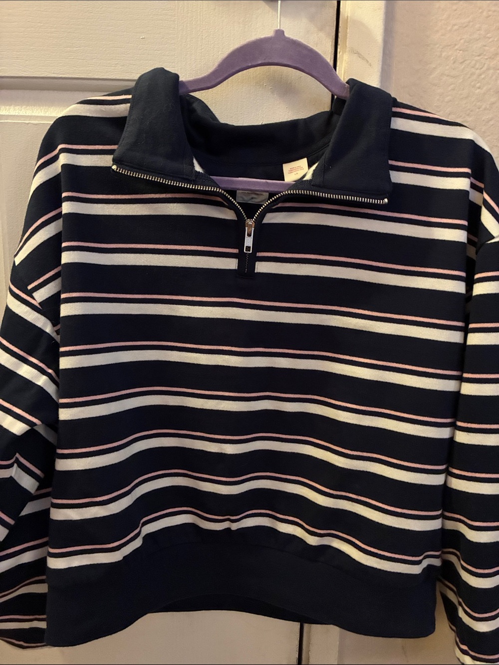 Womens Quarter-Zip Sweater - Navy / Pink / White